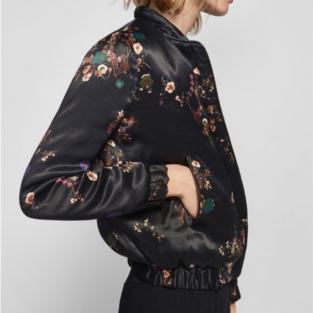 Massimo Dutti Black Floral Satin Bomber Jacket